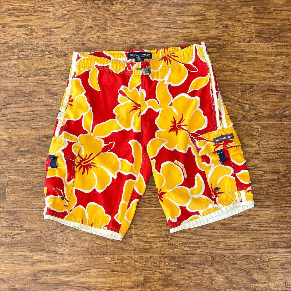 Abercrombie Y2K Yellow Red Hibiscus Floral Hawaiian Board Shorts Swim Trunks XL
